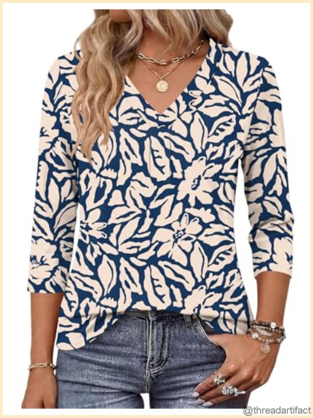 Women's 3/4 Length Sleeve Boho Tunic Top V Neck Loose Fit Casual Vacation Shirt